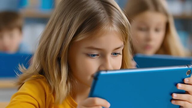 Schoolgirl in a classroom looks ahead, then lifts a blue tablet and focuses on the screen, her eyes track downward as she studies, with classmates softly blurred in background.