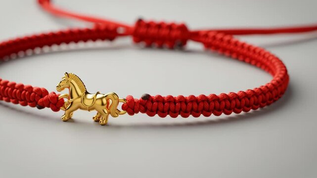 Elegant Gold Horse Charm Red String Bracelet Close-up Macro Shot.