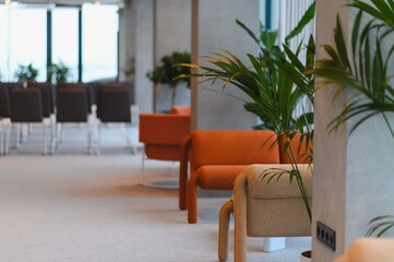 Modern office lobby lounge area with comfortable seating