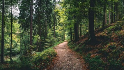 Naklejka premium A dirt path winds through a dense green forest, lined with tall trees and a carpet of fallen leaves. Concept Tranquil forest path, Dappled light, Tall trees, Fallen leaf carpet, Serene greenery