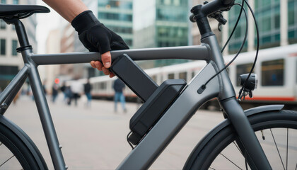 Close-up of modern electric bicycle with battery pack and person's hand on frame in urban setting