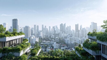 Fototapeta premium Urban skyline of tall buildings seen from a rooftop garden with lush greenery. Concept Rooftop garden cityscape, Urban skyline views, Greenery among skyscrapers, Elevated city photography