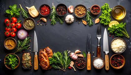 Culinary Still Life: Spices, Herbs, and Meats on Dark Slate Background
