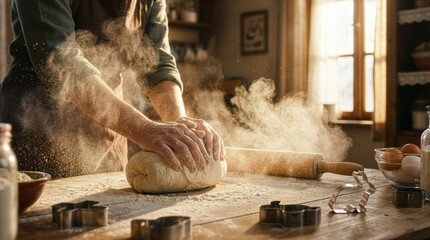 Hands Kneading Dough for Easter Cookies with Flour Dust