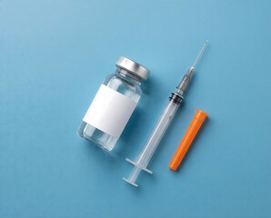 Blank Medical Vial and Unmarked Syringe on Blue Background Mockup