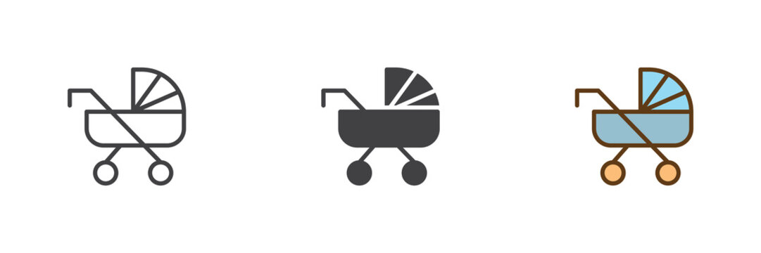 Baby stroller and pram icon set in line, solid and filled outline colorful style. Stroller icon twice used as vector sign, symbol and color illustration for ???????? with baby.