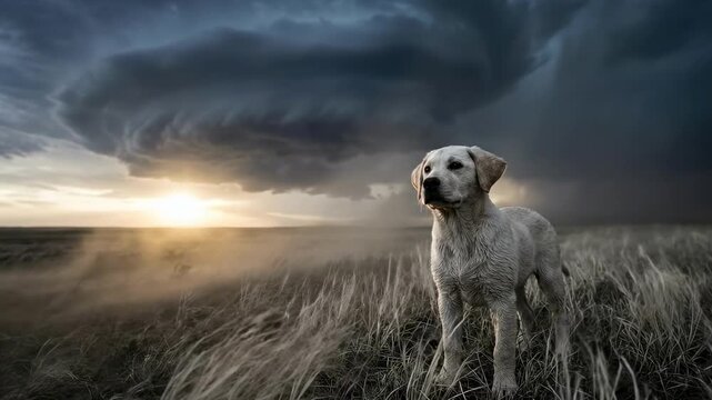 white labrador puppy. A serene Labrador stands against a dramatic sky swirling with ominous storm clouds, framed by golden grasses swaying gently in the wind during sunset