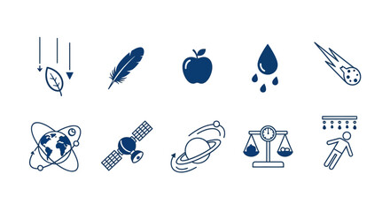 Ten dark blue line icons arranged in two rows of five depicting physics concepts © Faisal