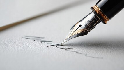 Close-up of a fountain pen nib writing cursive on white paper. Concept Close-up Fountain Pen Nib, Cursive Writing, White Paper Texture, Ink Detail, Elegant Hand Lettering