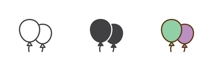 Obraz premium Party balloons icon set in line, solid and filled outline colorful style. Balloon icon twice presented as vector sign, symbol and color illustration for celebration and baby party.