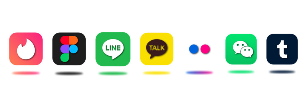 Social Media and Tech App Icon Set Featuring Tinder, Figma, Line, KakaoTalk, Flickr, WeChat, and Tumblr. Vector.ai