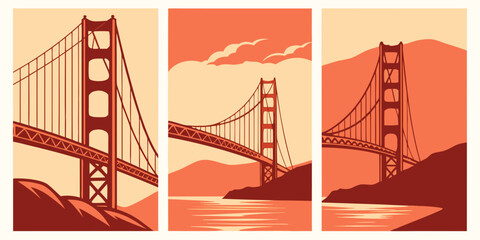 Golden Gate Bridge Triptych Wall Art &ndash; Modern San Francisco Prints, Warm Orange Minimalist California Decor, Scenic Landscape Poster Set, U.S, USA, US, United States

