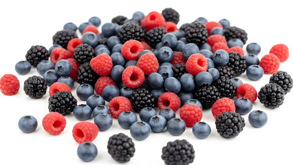 Fresh Mixed Berries: Blueberries, Raspberries, Blackberries piled on white background