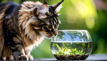 Curious Maine Coon Cat Investigating a Glass Fishbowl with Aquatic Plants Outdoors