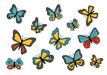 A pattern of stylized butterflies in blue yellow and red on white © Titi