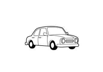 Fototapeta premium Black and white line drawing of a vintagestyle sedan viewed from the sidefront quarter