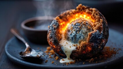 Fototapeta premium Molten lava cake with a gooey center pouring out from a charred crust, sprinkled with crumbs on a dark plate. Concept Molten Lava Cake, Gooey Center, Charred Crust, Crumbs and Texture
