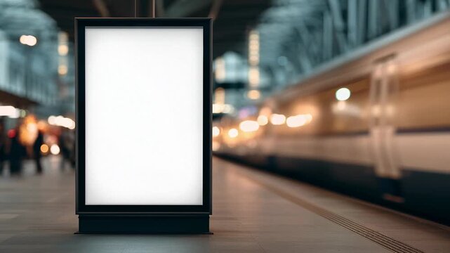 Blank advertising billboard at modern train station platform
