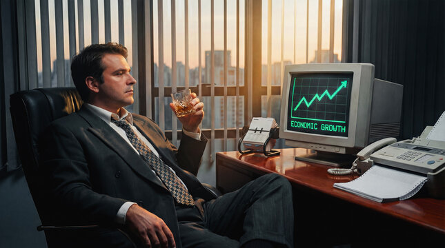 Retro 90s Executive at Mahogany Desk Watching Economic Growth on CRT Monitor with Whiskey