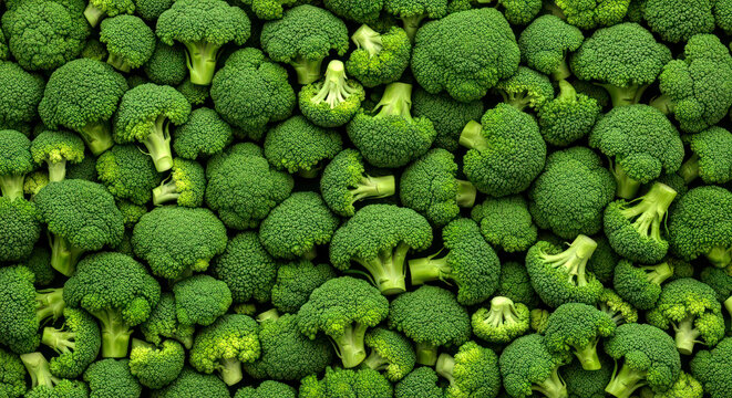 Overhead pattern of raw green broccoli heads creating a dense vegetable texture