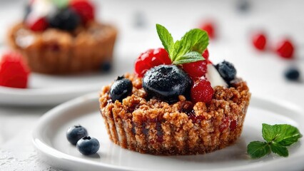 Berry crumble tart topped with blueberries and raspberries, garnished with mint. Concept Berry crumble tart, Blueberries and raspberries, Mint garnish, Dessert photography, Fresh summer desserts