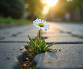 Single Daisy Growing Through Sidewalk Cracks with Shallow Focus