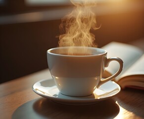 Mug of Hot Tea with Steam and Open Book