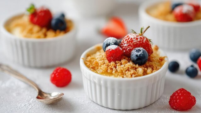 Berry crumble desserts in white ramekins topped with crumbly streusel and fresh strawberries, blueberries, and raspberries. Concept Berry crumble desserts, White ramekins, Streusel topping