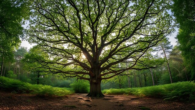 A grand, ancient oak tree with a massive trunk and sprawling branches bathed in sunlight within a lush green forest clearing