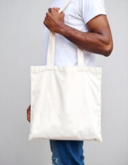 Dark-skinned man holding a blank white tote bag, wearing a white t-shirt and blue jeans
