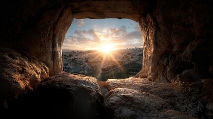 Empty tomb cave opening to bright sunrise over ancient city, representing resurrection and new life