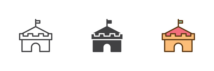 Toy castle building icon set in line, solid and filled outline colorful style. Castle icon icon shown as vector sign, symbol and color illustration for play sets. © alekseyvanin