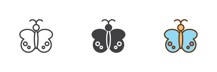 Cute butterfly insect icon set in line, solid and filled outline colorful style. Butterfly icon icon shown as vector sign, symbol and color illustration for kids design. © alekseyvanin