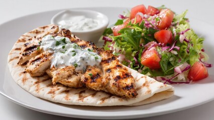 Grilled chicken skewers on flatbread with herbed yogurt sauce, accompanied by a tomato and greens salad. Concept Grilled chicken skewers, Flatbread with herbs, Herbed yogurt sauce
