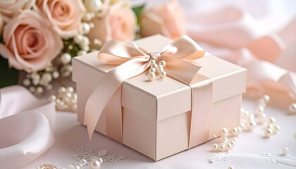Delicate Pink Gift Box Adorned with Pearls and Satin Ribbon, Surrounded by Roses and Lace