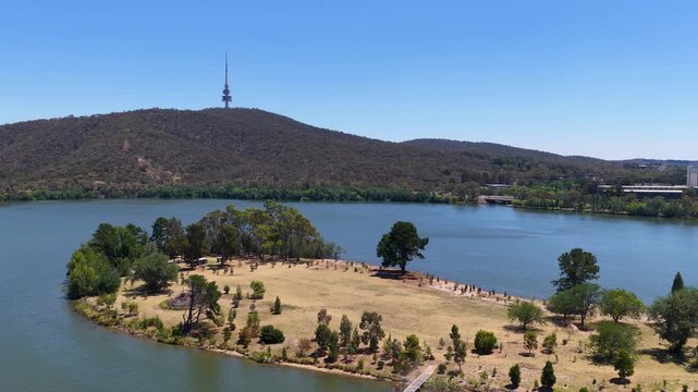 Aerial View of Lake Burley Griffin and Black Mountain Tower in Canberra