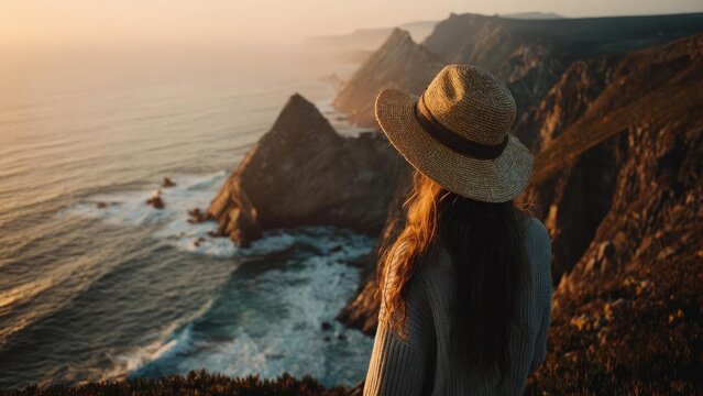A woman wearing a straw hat stands on a cliff, overlooking the sea at sunset. Concept Sunset cliff photography, Straw hat fashion, Coastal portrait session, Golden hour seascape