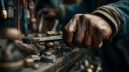 A close-up of a skilled hand gripping a rustic wrench, working on metal machinery with various tools and bolts visible in the blurred background, displaying textures and patina