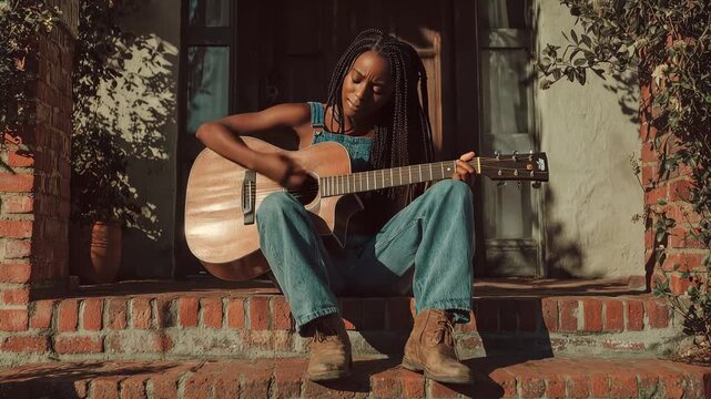 Woman plays guitar on steps in front of a house during the evening light while enjoying a moment of music and relaxation