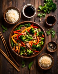 Delicious Asian-style beef and broccoli stir-fry with fresh vegetables, rice, and soy sauce on a rustic wooden table.