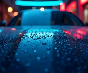 Water Droplets on Car Hood with Neon Light Reflections