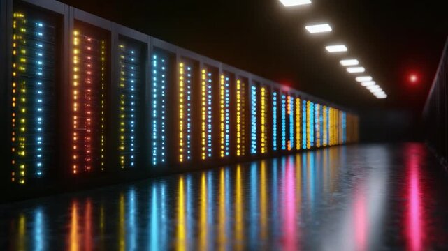 Data Center's Corridor of Innovation: A state-of-the-art data center corridor, bathed in the mesmerizing glow of vibrant, color-coded server racks.