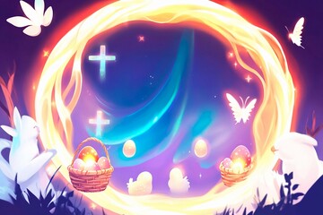 Naklejka premium Wavy aurora over a boreal landscape with silhouettes of bunnies and decorated baskets