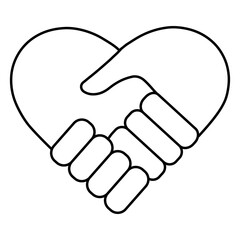 Heart handshake icon expressing love trust unity and partnership, clean outline cooperation symbol design