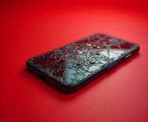 Shattered Smartphone Screen on Red Surface Symbolizing Repair