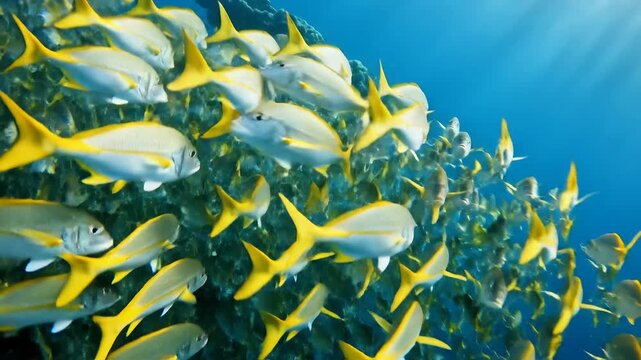 Vibrant school of yellowtail fish swims through sunlit coral reef underwater