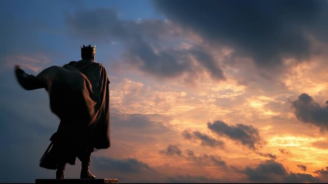 King statue silhouette against dramatic orange sunset clouds