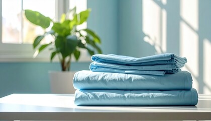 Stack of folded light blue bed sheets on white table near houseplant and large window.