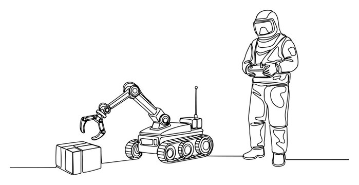 Specialist in protective gear operating a remote control bomb disposal robot near a box