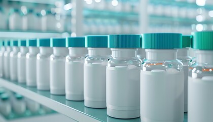Row of medicine bottles with blank labels in a pharmaceutical facility, representing drug production, healthcare manufacturing, and medical supply storage.